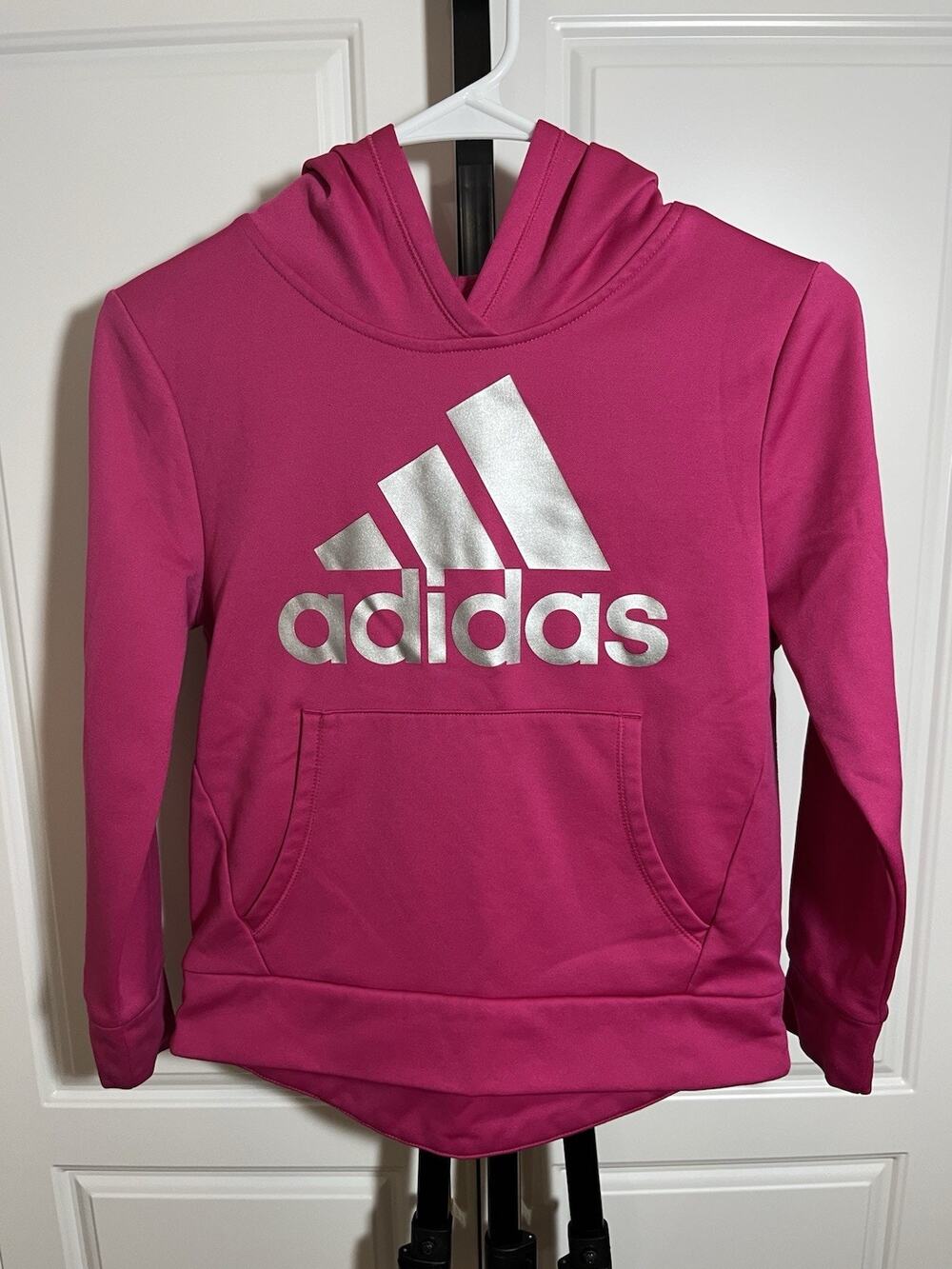 Girls Hot Pink Adidas Hoodie Pullover Pocket Silver Size 10/12